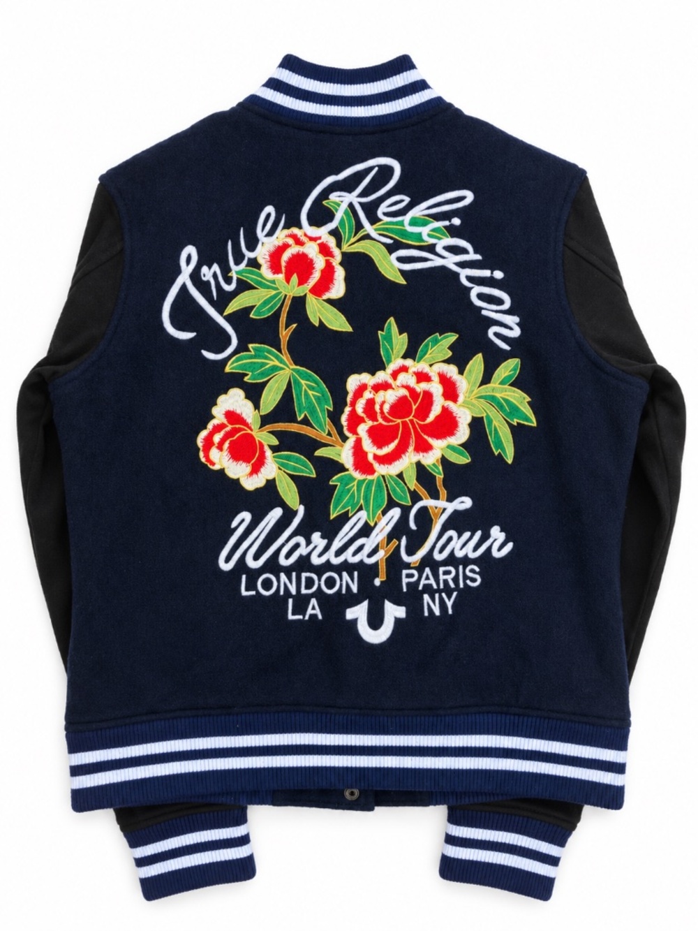 True Religion Womens L World Tour Varsity Jacket Wool Floral Embroidered Navy